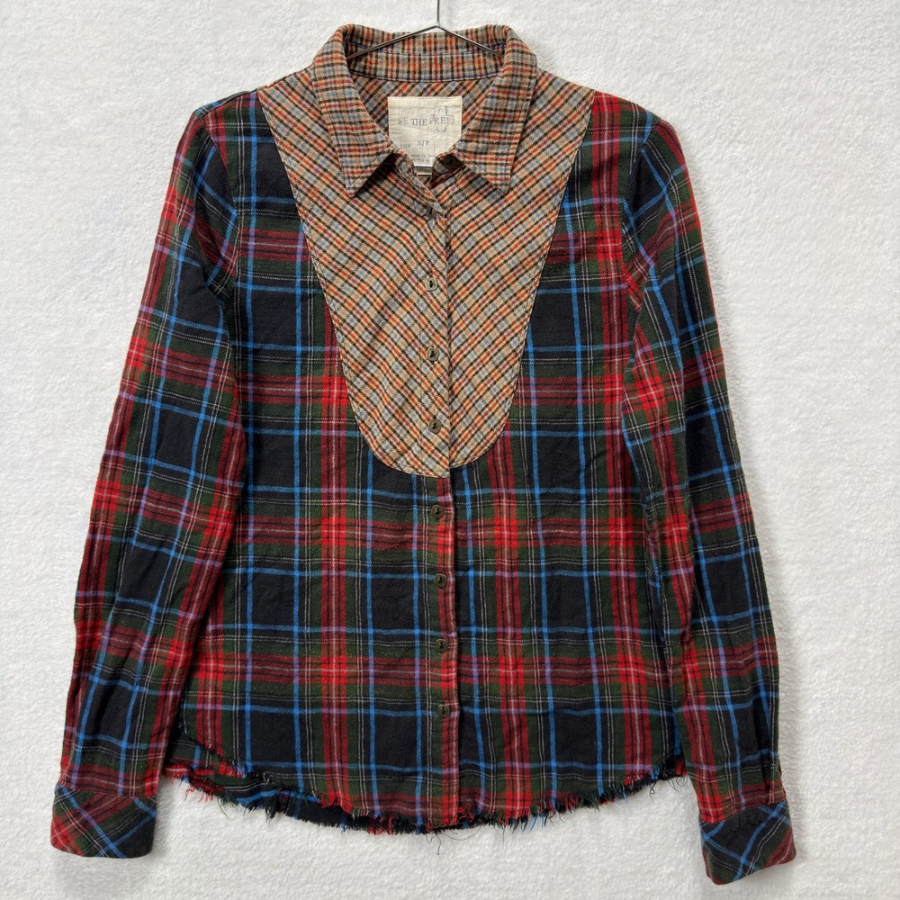 We The Free Plaid Flannel Shirt Womens S Multicolor Mixed Media Boho Grunge